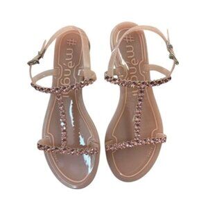 Menghi Womens Rhinestone Embellished Nude Jelly Sandals